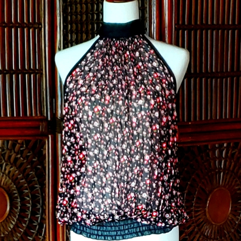 ICE VANILLA Sheer Blk/Red Floral Halter Top with Elastic Waist